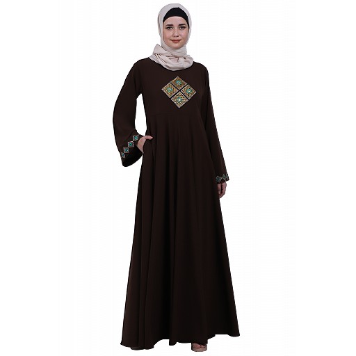 Emirates Umbrella abaya with embroidery work- Coffee Brown